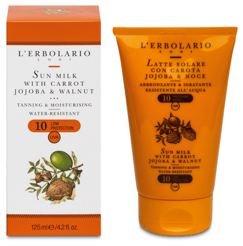 L'Erbolario Leche solar zanahoria, jojoba y nuez spf 10 para broncear e hidratar
